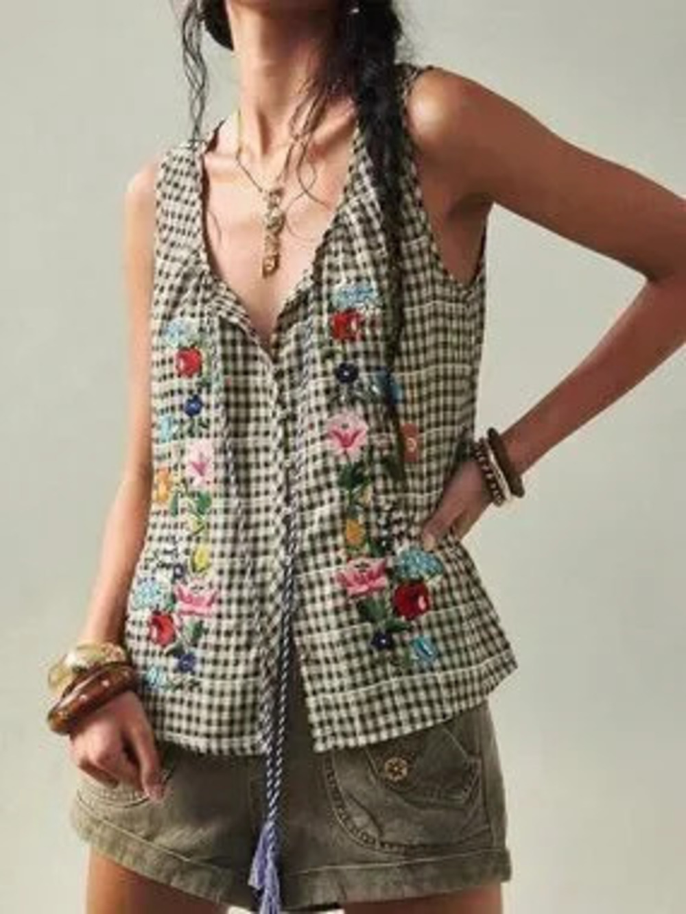 Boho Women's Gingham Embroidered Sleeveless Square Neck Tassel Front Blouse
